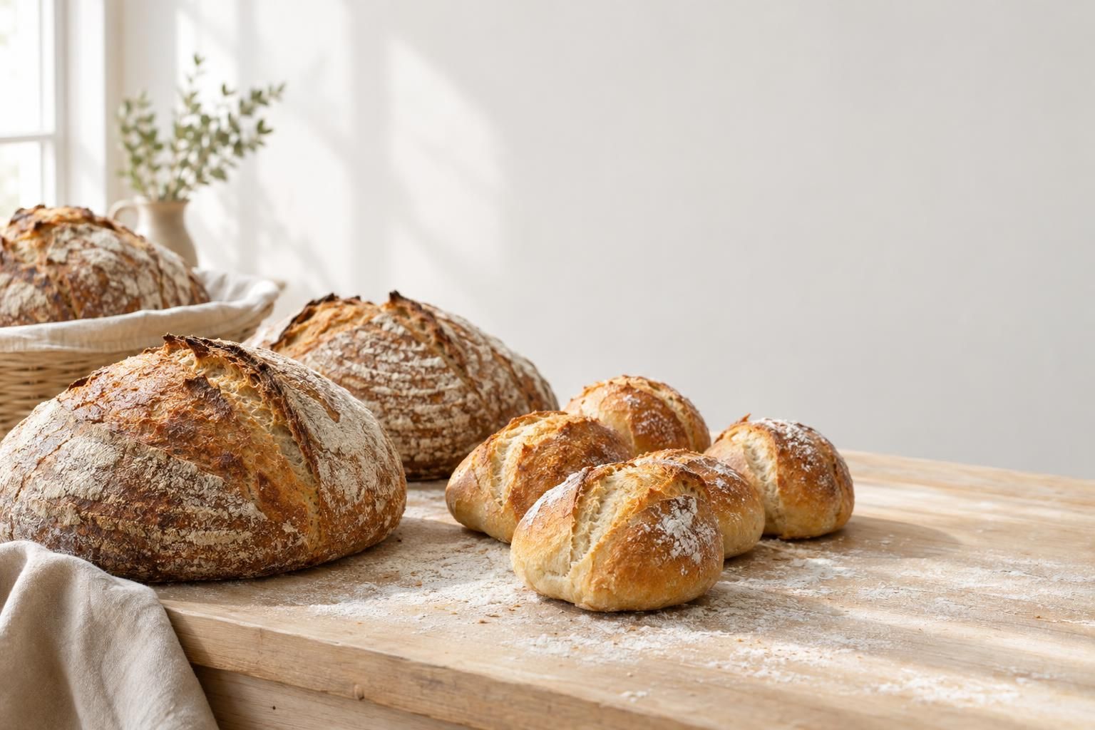 Frische Sauerteigbrote und Brötchen auf einer bemehlten Holztheke im Morgenlicht