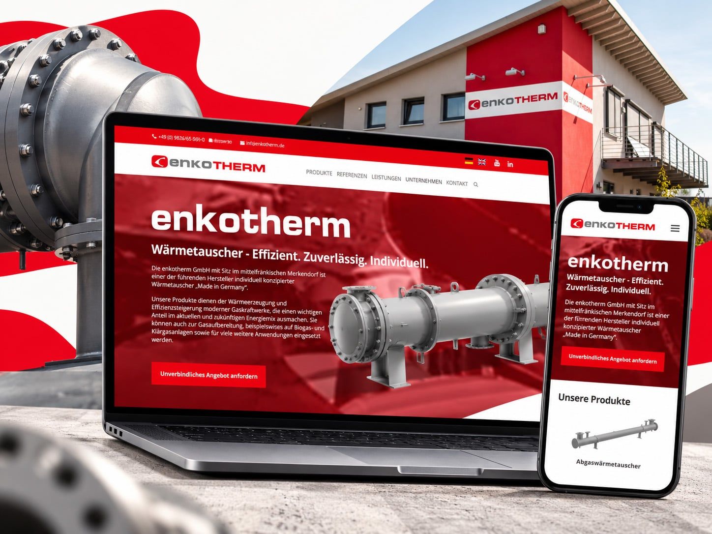 Die ENKOTHERM-Website auf Laptop und Smartphone, dahinter ein Wärmetauscher-Rohr und das Firmengebäude mit rotem Turm