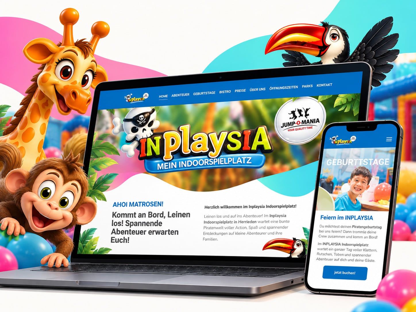 Die INPLAYSIA-Website auf Laptop und Smartphone, umgeben von den Comicfiguren Giraffe, Affe und Tukan vor bunten Bällen