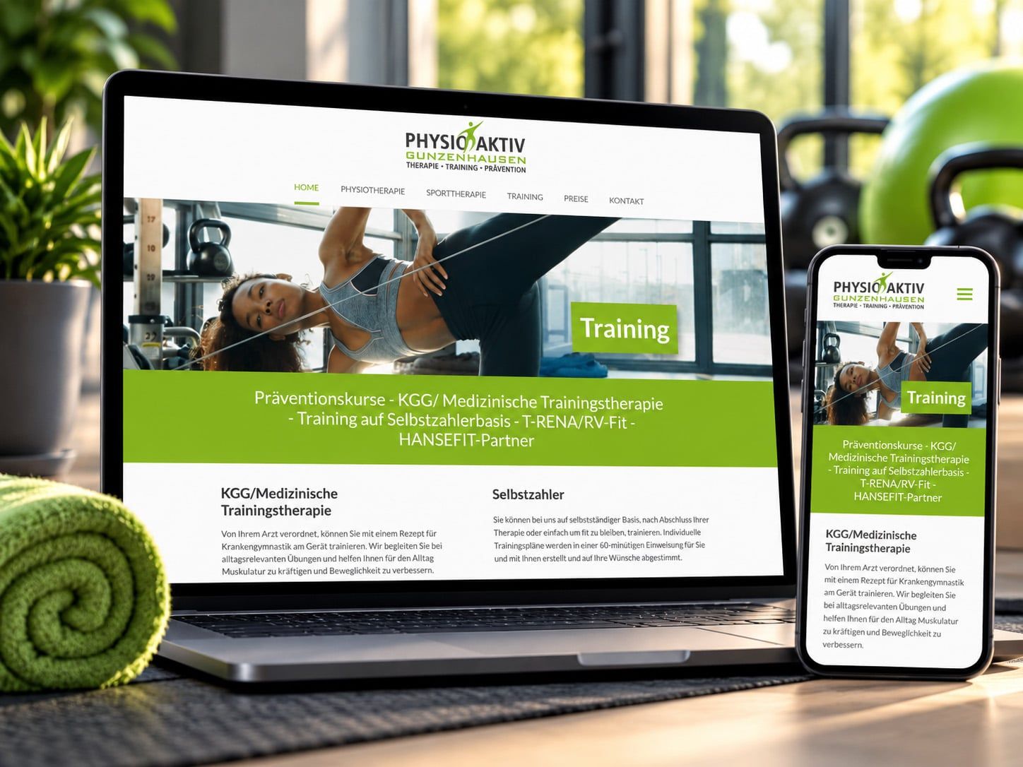 Die PHYSIOAKTIV-Website auf Laptop und Smartphone mit grünem Logo und dem Schriftzug „Training“ über einer Frau bei einer Übung, daneben eine grüne Yogamatte, Kettlebells und Pflanzen