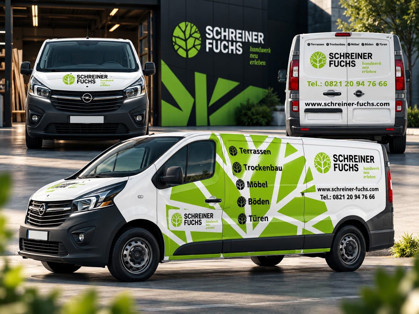 Drei weiße Transporter mit grün-weißer Beschriftung der Schreinerei Fuchs vor einer Werkhalle mit grünem Logo, auf der Seite die Schriftzüge Terrassen, Trockenbau, Möbel, Böden und Türen