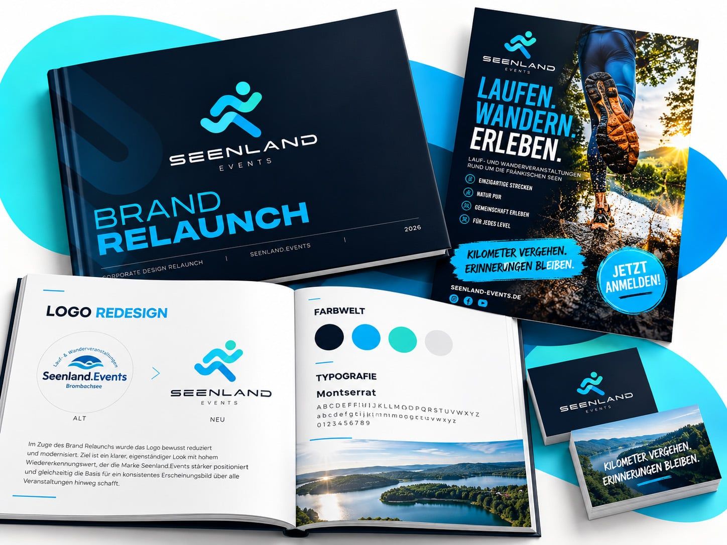 Brand-Relaunch-Mappe von Seenland.Events mit neuem Logo, aufgeschlagener Styleguide mit Farbwelt und Typografie, Flyer „Laufen. Wandern. Erleben.“ und Visitenkarten in Dunkelblau und Hellblau