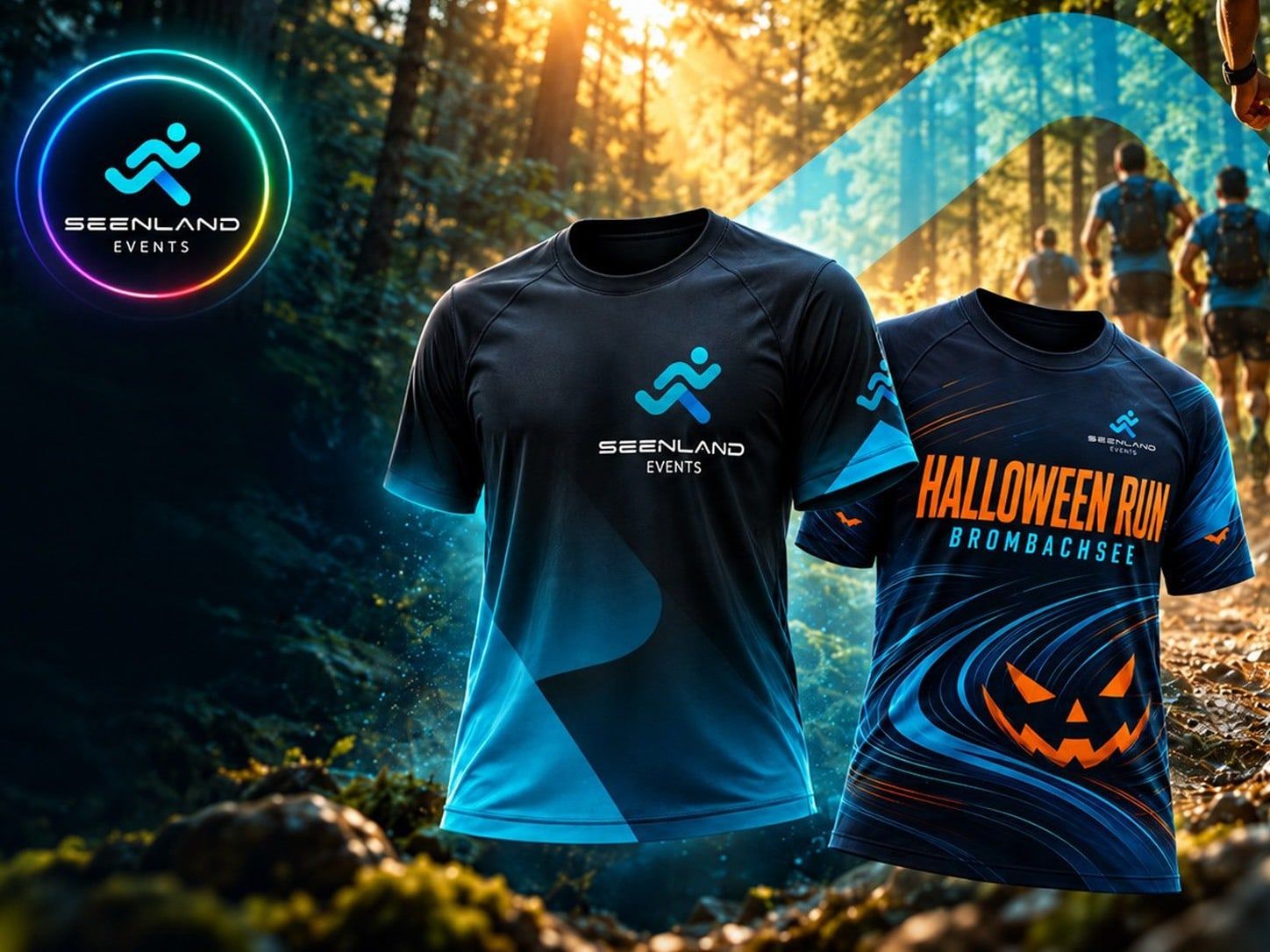 Zwei Laufshirts von Seenland.Events vor sonnigem Waldweg: ein schwarz-blaues Shirt mit Läufer-Logo und ein dunkelblaues Trikot „Halloween Run Brombachsee“ mit orangem Kürbisgesicht und Schwungstreifen, links das Logo in einem leuchtenden Ring