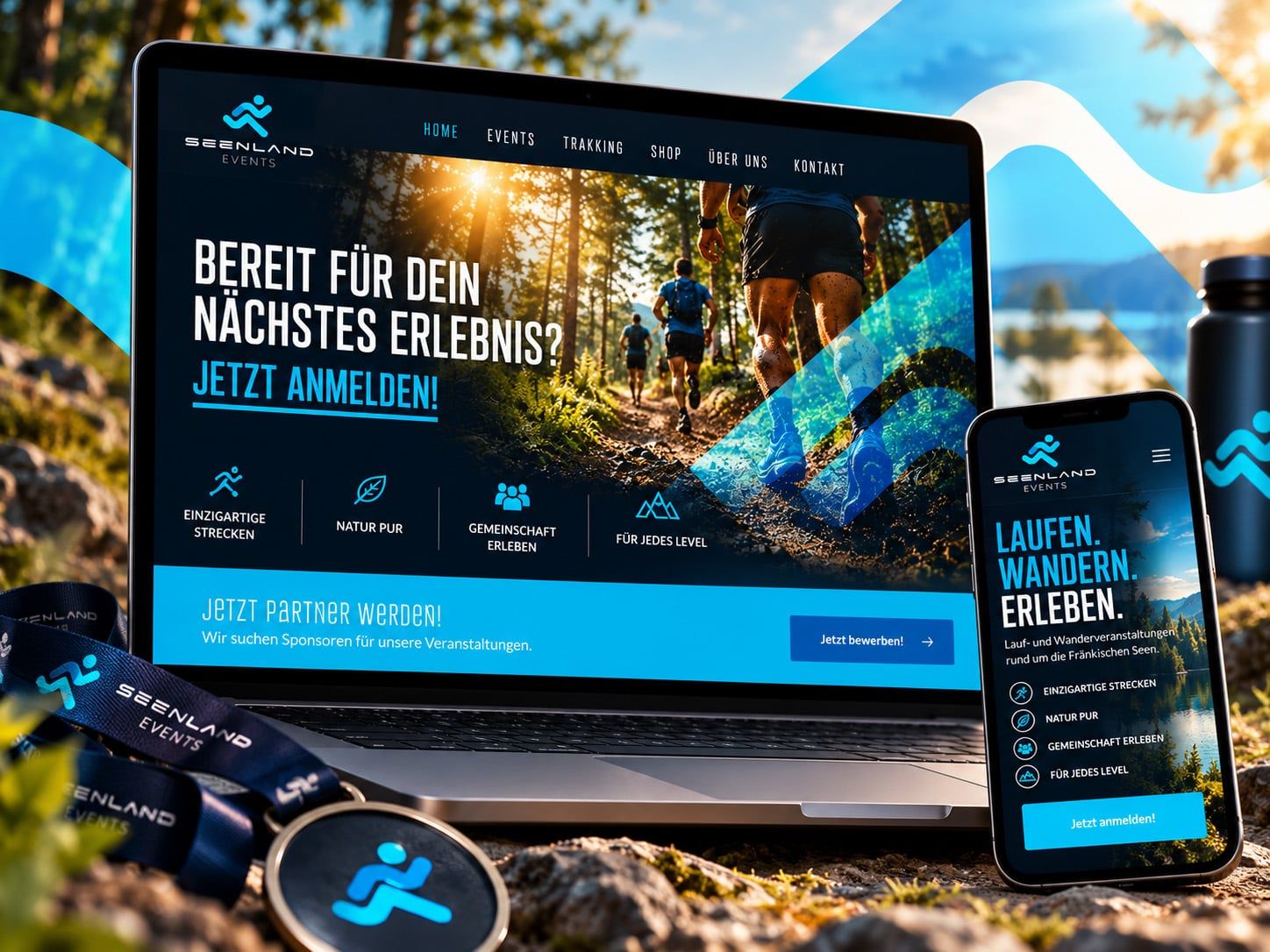 Die Seenland.Events-Website auf Laptop und Smartphone mit Läufern auf einem Waldweg und dem Slogan „Laufen. Wandern. Erleben.“, davor eine Finisher-Medaille mit Band