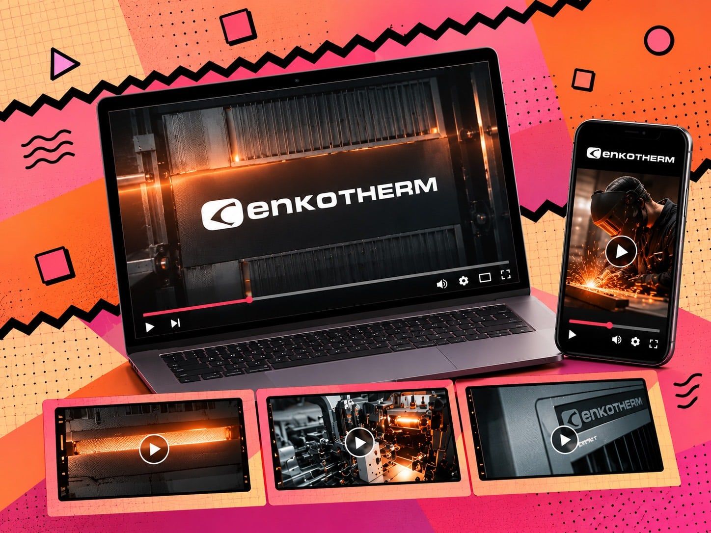 Laptop und Smartphone mit dem ENKOTHERM-Logo und Videoansichten, auf dem Smartphone ein Schweißer im Funkenflug, darunter drei Videovorschauen mit glühender Technik, einer Maschine und einem Gerät mit ENKOTHERM-Schriftzug, auf buntem Hintergrund